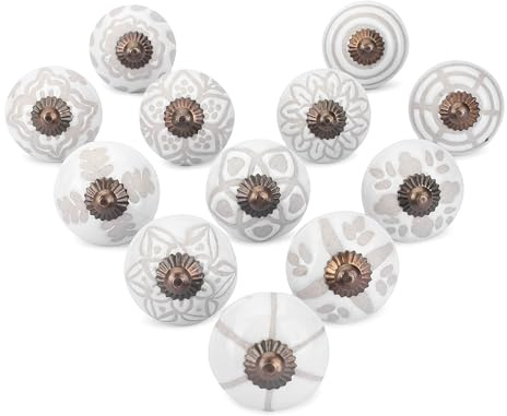 Ajuny Ceramic Knobs Set of 12 White Cupboard Door Drawer Pulls Handles | Handmade Pottery for Kitchen Cabinets Bathroom Dressers Wardrobes Sideboards and Luxury Furniture Décor Fixings Included
