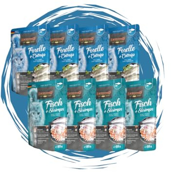 Leonardo Frischebeutel 8x85 g - Katzenfutter - Nassfutter - Multi Bundle - Sparpaket - Pouch - Verschiedene Sorten (4X Forelle + Catnip, 4X Fisch + Shrimps)