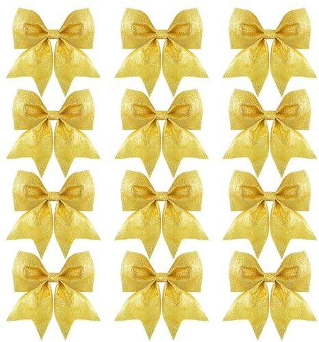 SULOLI 12 Stück Weihnachtsschleifen,Glitzer Weihnachten Bogen Dekorationen,Gold Weihnachtsbaum Bogen für Weihnachtsbaum Weihnachtskranz Tannenbaum Weihnachtsdeko