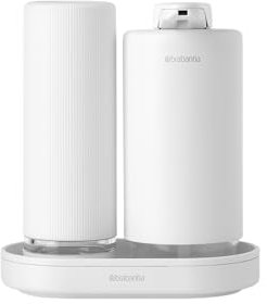 Brabantia - Seifen- und Spülmittelspender-Set mit 2 stilvollen Spendern für Seife und Spülmittel, mit Tablett, aus Metall mit Strukturbeschichtung - Mineral Fresh Weiß, 2 x 200 ml