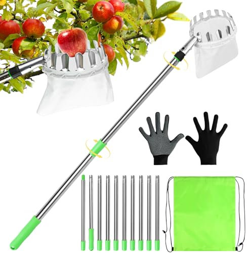 4M Raccoglitore di Frutta con Manico Telescopico, Raccoglitore di Frutta Diametro 16 cm Raccoglitore di Ciliegie con Asta Telescopica Leggera in Acciaio Inox e Sacchetto di Cotone per Mele Pere