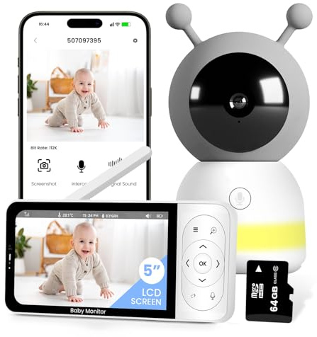 RFAQK Baby Monitor with WiFi - 2K Video Baby Camera Monitor 5 HD Screen, Night Vision, 24 Hours VOX Mode,Temperature Sensor Cry & Motion Detection, PTZ Auto Tracking