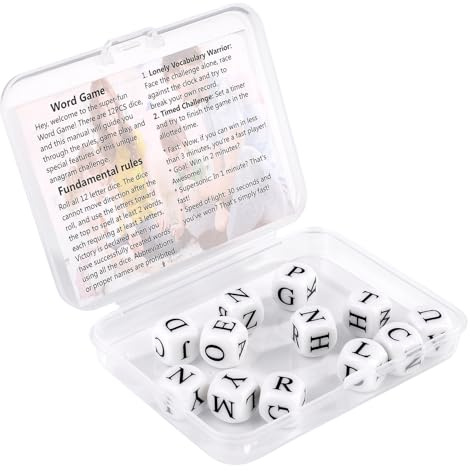 lasuroa Würfel Kreuzworträtselspiel, Acryl 6-Seitig Kreuzworträtsel-Solitär-Würfelspiel mit 12 Buchstabenwürfeln und Etui Alphabet Würfelspiel Würfel-Wortspiele für Campingspiele
