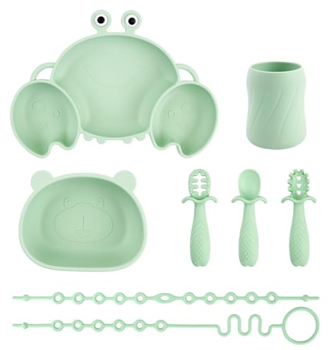 Set di stoviglie in silicone, 8 pezzi, antiscivolo, per bambini, con ventosa, piatto per bambini, ciotola, tazza e 3 cucchiai, cinghie e cinture di sicurezza, per cucchiai, senza BPA (Verde)