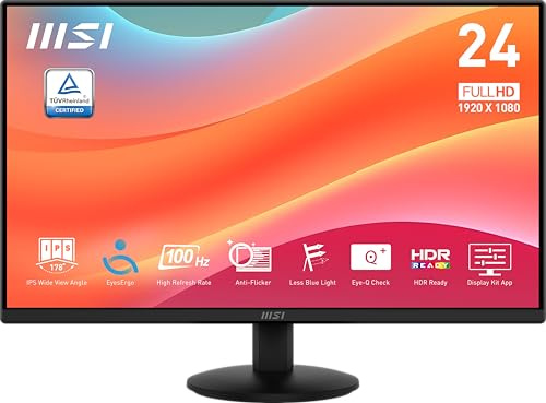 MSI Pro MP242L Monitor de 23,8 FHD para Oficina: Panel IPS de 1920 x 1080, 100 Hz, 4 ms, EyesErgo Tech, inclinación Ajustable, HDR Ready - Negro