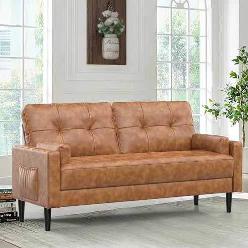 Aotumm Ciort 2-Sitzer-Sofa, modernes Ledersofa mit dicken Kissen, 2 Kissen und 2 Taschen, bequemes Sofa für Wohnzimmer/Schlafzimmer/Büro, einfache Montage, braun (58 cm x 132 cm x 32 cm)