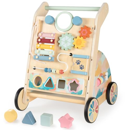 LOL-FUN Wooden Baby Walker with Detachable Busy Board, Push Walker for Baby with Adjustable Speed Wheels, Activity Learning Walker for Boys Girls 12 Months