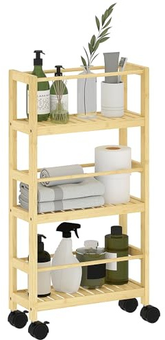 HOMCOM Scaffale per Bagno a 3 Livelli con Ruote, Carrellino in Bambù, Mobiletto Bagno Salvaspazio a Doghe, 36x15x73 cm, Colore Legno