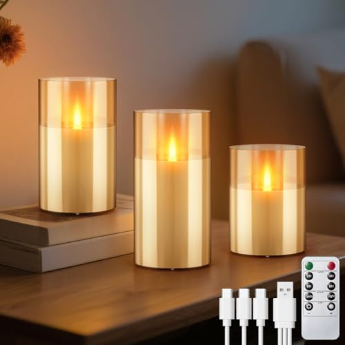 FlyQintess Velas LED Recargable 3-Pack, gris Vidrio Sin Llama con Mando Temporizador Llama, Real Seguras Decorativas para Bodas Celebraciones Especiales Halloween Fiestas (Oro)
