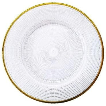 Chefline 13 Clear/Gold Decorative Glass Charger Plates Set of 4, 6, or 12 Elegant Dinner Plate for Weddings, Parties, Christmas & Events, Durable & Stylish, Sold (6, Clear Plate with Gold Rim)