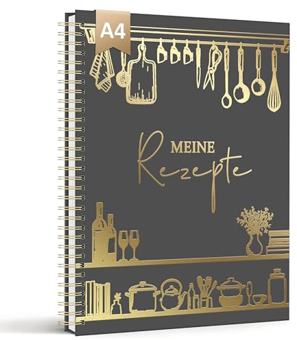 BIROYAL Rezeptbuch zum Selberschreiben A4, 88 Rezepte, Dunkelgrau | Kochbuch Selbst Schreiben, 22,7x29cm, Extragroßer Schreibraum, Hardcover, 120g Papier, für Hobbyköche & Backliebhaber
