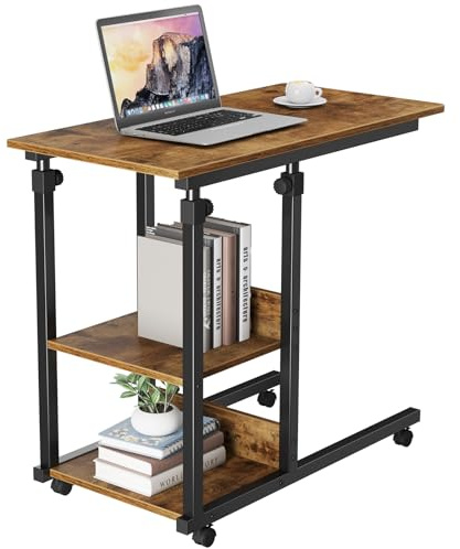 Dripex Schreibtisch Beistelltisch mit Rollen Höhenverstellbar, Retro | Laptoptisch aus Holz Sofatisch Nachttisch Kaffeetisch für Schlafzimmer, Wohnzimmer Büro