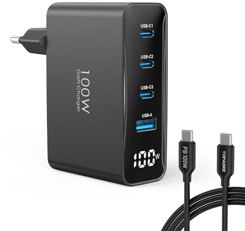 TOPADRE 100W USB C Ladegerät GaN Netzteil, 4-Port LED Display mit 2m Kabel | 100W Schnellladegerät USBC Netzteil für MacBook Pro, für iPad Pro/iPhone, Galaxy S25 & Laptops (für HP/Lenovo/Acer) Schwarz