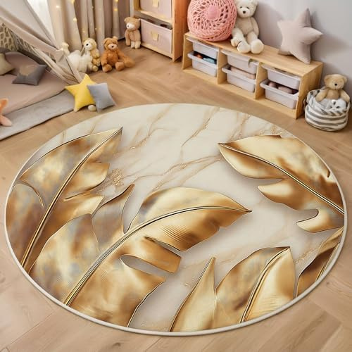 ZISTRCBAO Marmo Foglia Di Banano Tappeti Para Dormitorio, Lusso Moderno Morbido Antiscivolo Tappeto Rotondo, Oro Tappeto Rotondo per Cucina Casa Zona Balcone Tappet Tavolino, 180cm