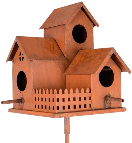 UNUS Vogelhaus aus Metall in Rostoptik mit Stab 132 cm | dekoratives Vogelhäuschen für Garten und Terrasse