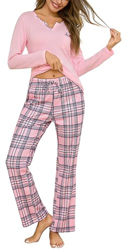 Bresdk Womens Pyjamas Sets Cotton Long Sleeve Pjs Soft Lounge Wear Sets Winter Warm Sleepwear for Ladies with Pockets Pink L