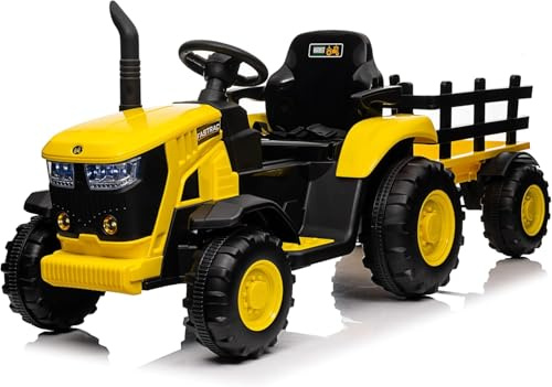12V Ride on Tractor and Trailer, Battery Powered Electric Kids Toy Car with Remote Control, LED Lights, USB & Bluetooth Music, 6 Wheels Ride on Toys for Children Boys Girls Gift Ages 3+
