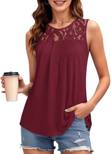 PLMOKEN Canotta Lunghe Estive Donna, Canotte Estivi con Pizzo, Blusa Senza Maniche Elegante, Abbigliamento Estivo Camicia Rosso Vino S