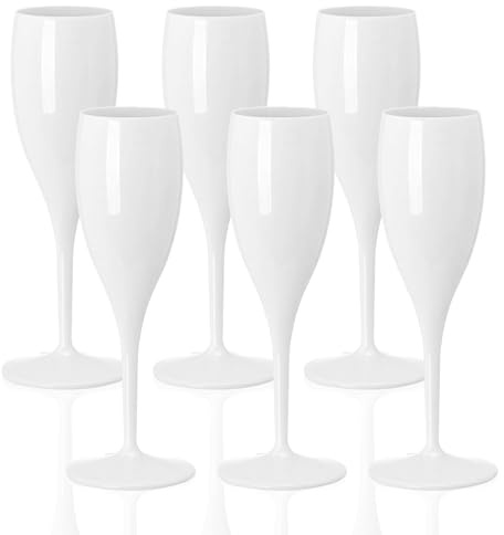 HLGND Premium White PP Champagne Flutes, Reusable White Champagne Flutes | Prosecco and Wine Glasses.Shatterproof, 180ml Capacity for Weddings, Parties, Toasting and Celebrations, Dishwasher Safe（6)