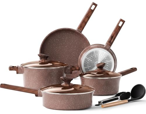 Kitchen Academy Pots and Pans Set Non Stick, 10PCS Ceramic Cookware Brown | Non-toxic Pots and Pans Sets, Coated Induction Pans, Aluminium Saucepan Sets with Lid, Cooking Pot Cookware Set All Hobs