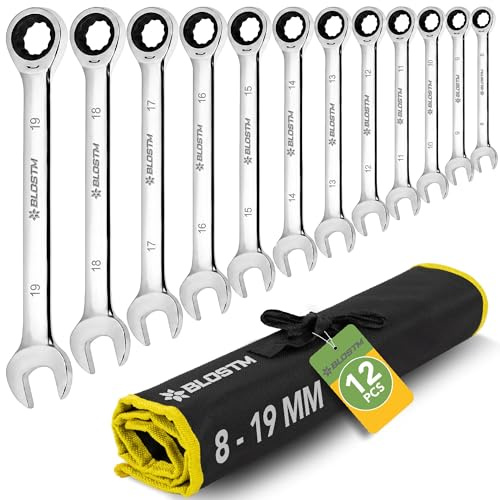 BLOSTM Spärrnyckel set - 12 delar metrisk skiftnyckel set 8mm till 19mm, Cr-V stål, kombinationsnycklar för gör-det-själv, bil- och cykelreparationer - med förvaringspåse