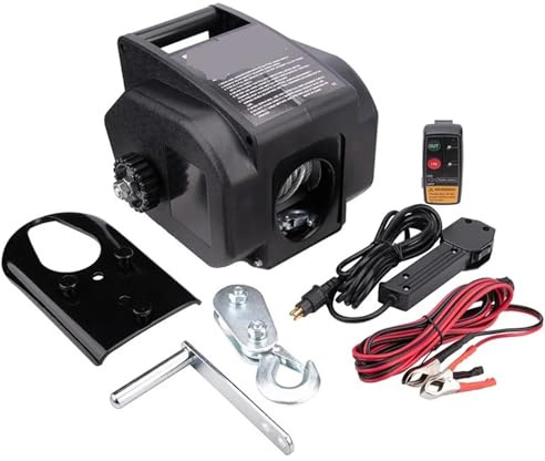Montacargas eléctrico Polipasto Eléctrico Cabrestante eléctrico de 2000LBS, 12V, entrada/salida con gancho de polea de rueda libre, control remoto inalámbrico