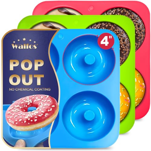 Walfos Full Size Silicone Donut Mold - 4 Inch Big Size Silicone Doughnut Pan Set, Non-Stick, Just Pop Out! Heat Resistant, BPA FREE and Dishwasher Safe, for Donut Cake Biscuit Bagels (3PK)