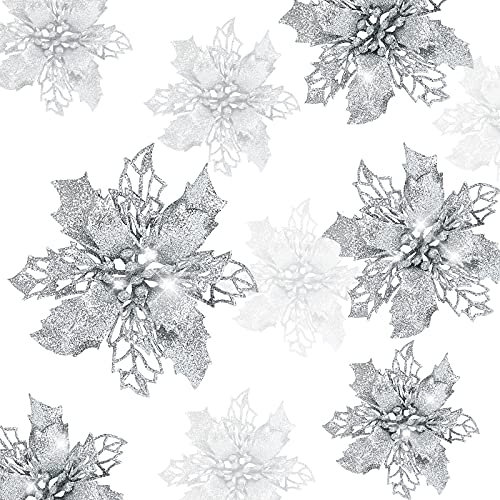 GWHOLE 21 Pezzi Fiori per Albero di Natale Poinsettia Glitter Fiore di Stella Fiore Artificiale Argento Decorazioni Ornamenti Ciodoli e Addobbi per Albero Natalizio e Ghirlande, 9/11/16CM