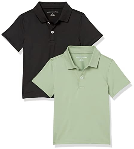 Amazon Essentials Boys' Short-Sleeve Active Performance Polo Shirts, Moisture-Wicking Breathable School Uniform, Collared, Pack of 2, Black/Olive, Large