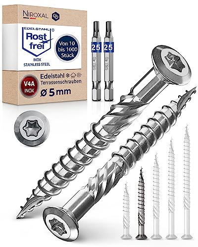 Tornillos para terraza A4, tornillos torx, 5 mm de grosor, 1000 unidades de tornillos para madera, Torx de 50 mm de largo, tornillos de acero inoxidable para madera, incluye 2 puntas Torx
