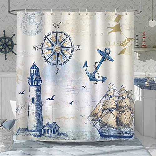 Bonhause Duschvorhang Maritim Nautische Anker Leuchtturm Segelboot Duschvorhänge 180 x 200 cm Anti-Schimmel Wasserdicht Polyester Stoff Waschbar Bad Vorhäng für Badzimmer mit 12 Haken