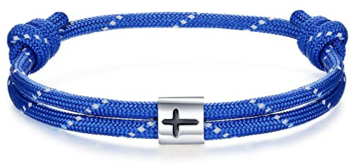 J.Endéar Pulsera Náutica Cruz Hombres | Paracord Hecho A Mano con 925 Plata Cruz Espíritu Pulsera | Hombre Mujer surfista Verano Mar Regalo Comunión Joyería, Azul