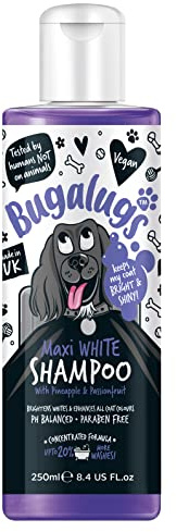 Bugalugs Whitening-Shampoo für Hunde, 250 ml, Formel Maxi White, verbessert das natürliche Weiß des Fells, ohne Parabene und Sulfate, ideal für helle oder weiße Rassen