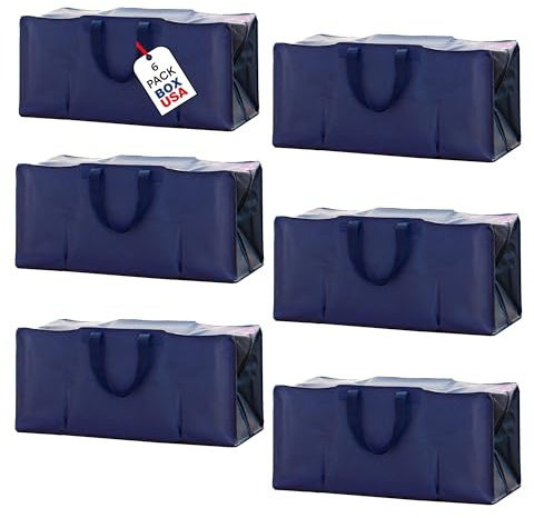 BOX USA 6-Pack Moving Bags with Strong Handles & Zippers - Heavy Duty Extra Large Packing Bags for Storage, Moving Boxes, Dorm & College Supplies, Blue