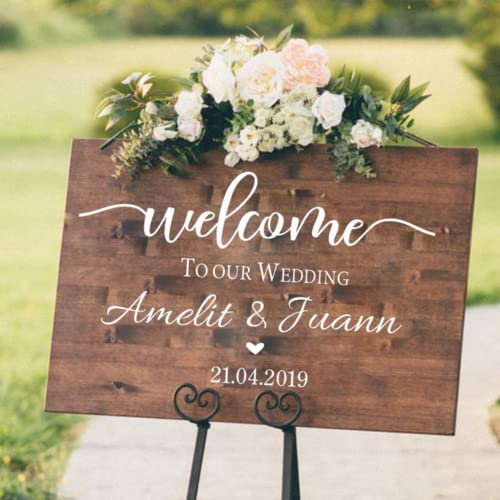 jifu Vinyl-Wandkunst-Aufkleber, personalisierbar, individuelle Namen und Datum, Hochzeit, Party, Dekoration, Welcome to Our Beginning, Welcome to Our Forever-Schild, rustikales Holzschild (94 x 57 cm)