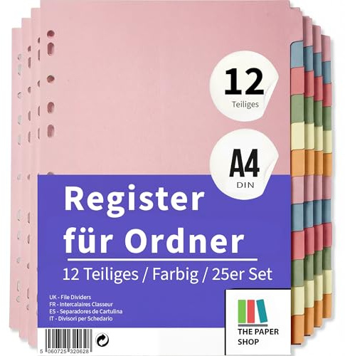 File Dividers A4, 12 Part Folder Dividers for Ring Binders & Lever Arch Files (25 Pack) Binder and Subject Dividers with Writeable Coloured Index Tabs - The Paper Shop