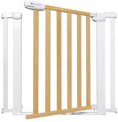 Kinderkraft LOCK&GO Cancelletto di sicurezza da 75-103 cm, Chiude automaticamente di 90 gradi, Doppio dispositivo di sicurezza, Previene di inciampare, Legna