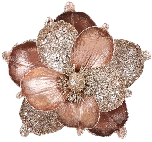 GL-Turelifes 25 cm stora glitter julblommor 6 st konstgjorda magnolia blomprydnader vikta blommor för julgransdekorationer julgran nyårsfest bröllop bordsuppsats (roséguld)