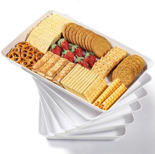 Juego de 6 bandejas blancas grandes de 16 x 11 pulgadas, platos de plástico reutilizables para servir galletas, aperitivos, charcuterías, aperitivos, postres, exhibición de alimentos de fiesta,