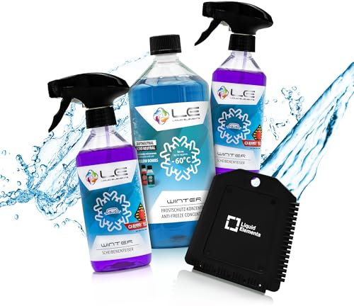 Liquid Elements – Scheibenfrostschutz Winter Set mit 1x Frostschutzmittel, 2X Enteiserspray & 1x Eiskratzer – Auto Enteiser Zubehör für effektiven Frostschutz an kalten Tagen (Duftneutral)