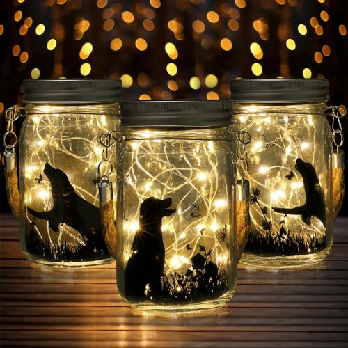 Jingmore 3 Pcs Fairy Hanging Lanterns Solar Lanterns Outdoor Yard Garden Decor Jar Lights for Mom Women Cat Dog Lovers Gifts Tree Patio Lawn Table