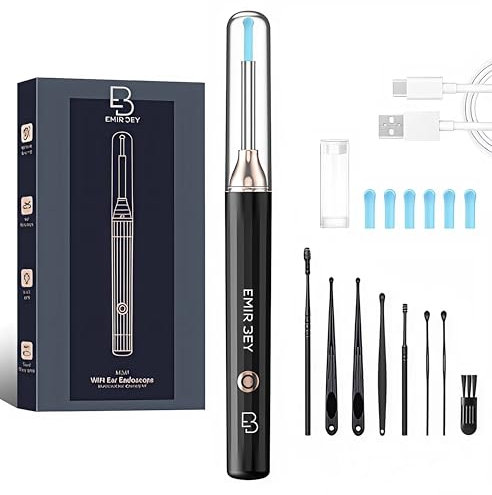 EMIR BEY® Otoscopio Limpiador de Oídos 1080P WiFi – Cámara HD con 6 LED – Puntas de Silicona Seguras – Compatible Android/iOS – Kit de Limpieza Profesional
