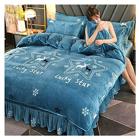 Juego de sabanas Falda de cama de terciopelo de leche de invierno, franela de doble cara gruesa de cuatro piezas, más sábana de terciopelo, funda de edredón, juego de cama de lana Coral Ropa de cama (