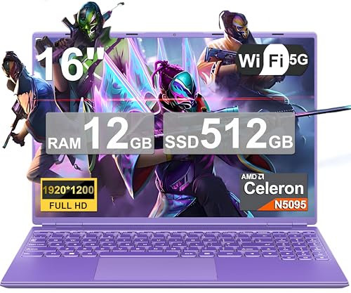 Ordenador Portátil 16 Pulgadas Celeron N5095 Up to 2.9Ghz, Portátil Win 11 con 5G WiFi 12+512GB SSD Expansión 1TB, BT 4.2 Mini Puerto Multimedia Portatiles Ventilador Refrigeración 1920*1200-Morado