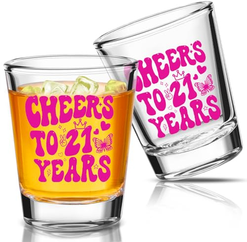 Patelai 2 Pieces Finally 21 Shot Glass 2 oz 21st Birthday Shot Glass Decoration for Celebrating Friends Sisters Women Turning Twenty One Party Supplies (Pink)