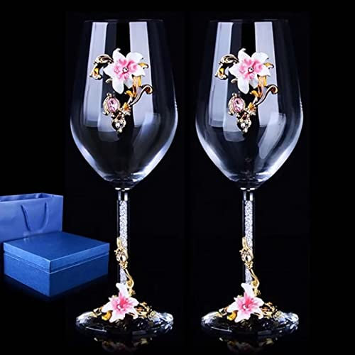 Pintado a mano esmalte copas de vino con caja de Copa de gran dureza con tallo de cristal, juego de copas de vino de cristal sin plomo, copa de vino tinto de 350 ml, 2 copas de vino con caja de regalo