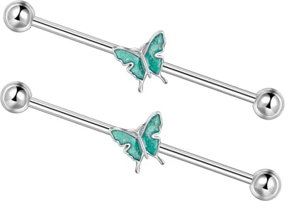 Lantine 2pcs 14G Butterfly Industrial Piercing Jewellery Barbell Scaffold Piercing Bar 38mm Industrial Earrings Oil Drip Butterfly Cartilage Piercing Jewellery for Women