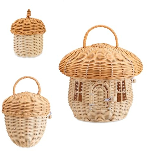 Ensemble de paniers en Rotin fait main (Grand champignon, Moyen gland, Petit cône de pin) pour rangement de jouets, organisation extérieure et décoration intérieure