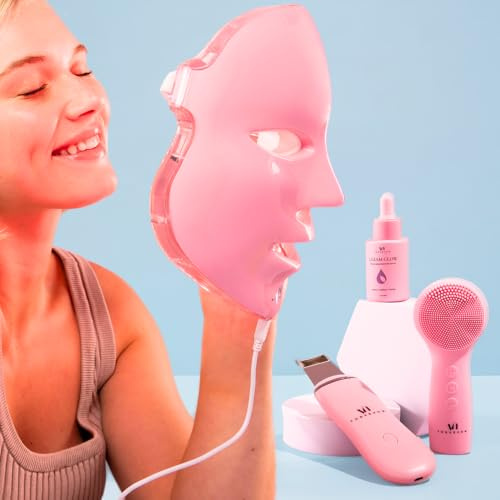 Máscara facial LED de terapia de luz, kit de spa premium (4 piezas) – con limpiador ultrasónico, cepillo ultrasónico y suero de té verde – 7 colores (azul y rojo) máscara de terapia de luz – Terapia