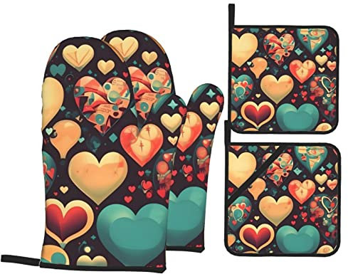 Set di 4 guanti da forno e presine con cuori colorati per la massima sicurezza e praticità in cucina